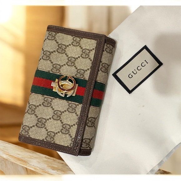 Gucci Handbags - Gucci Monogram Checkbook Wallet with Red and Green Stripe